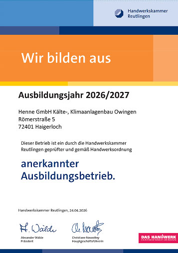 Henne kalt ist anerkannter Ausbildungsbetrieb Urkunde